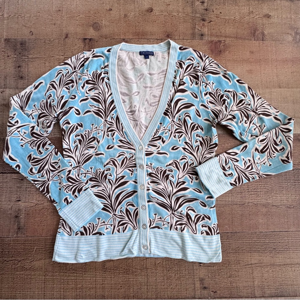 J. McLaughlin Floral V-Neck Spring Cardigan Blue Brown SMALL